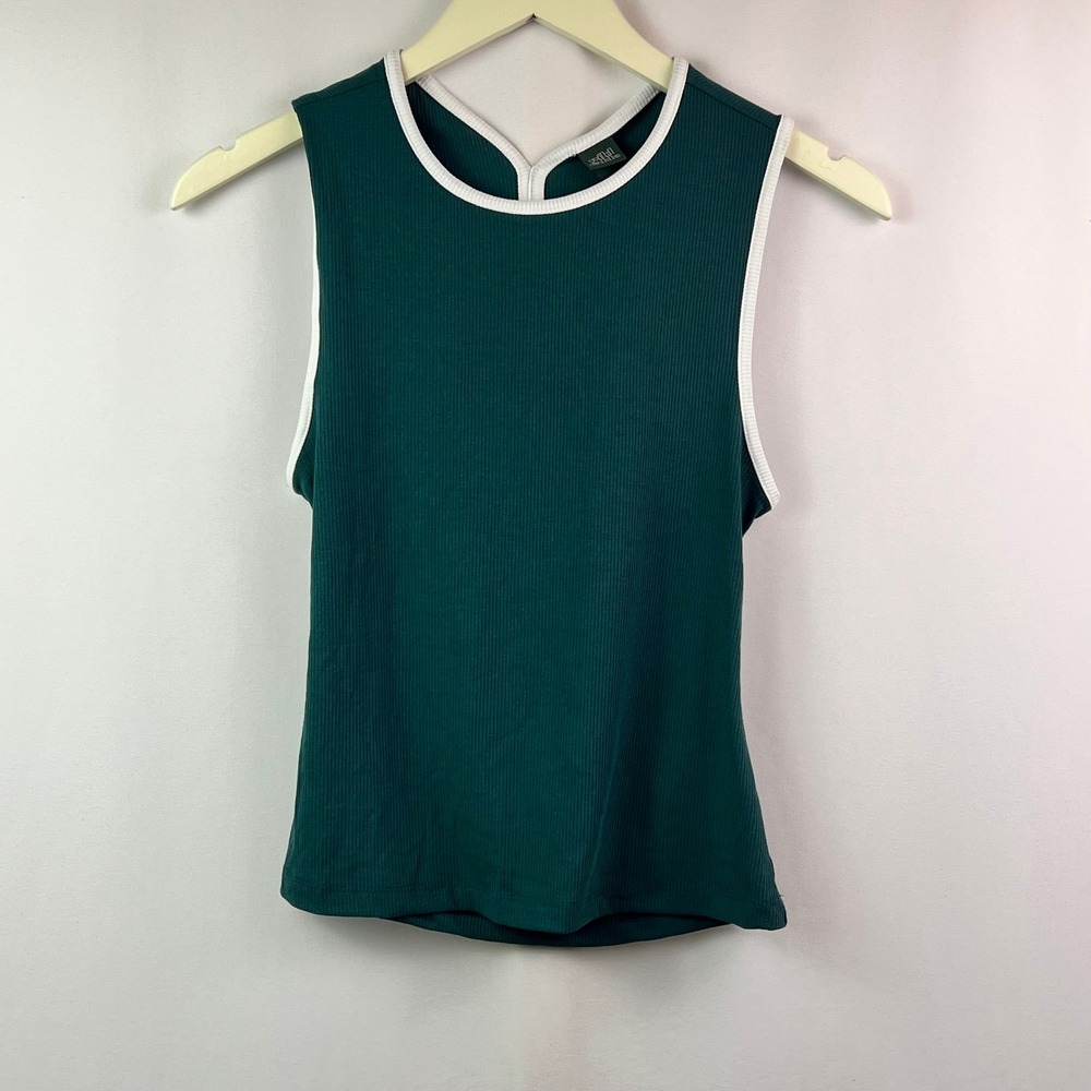 Wild Fable Womens Ribbed Open Back Tank Top Dark Teal Green White Trim Size M